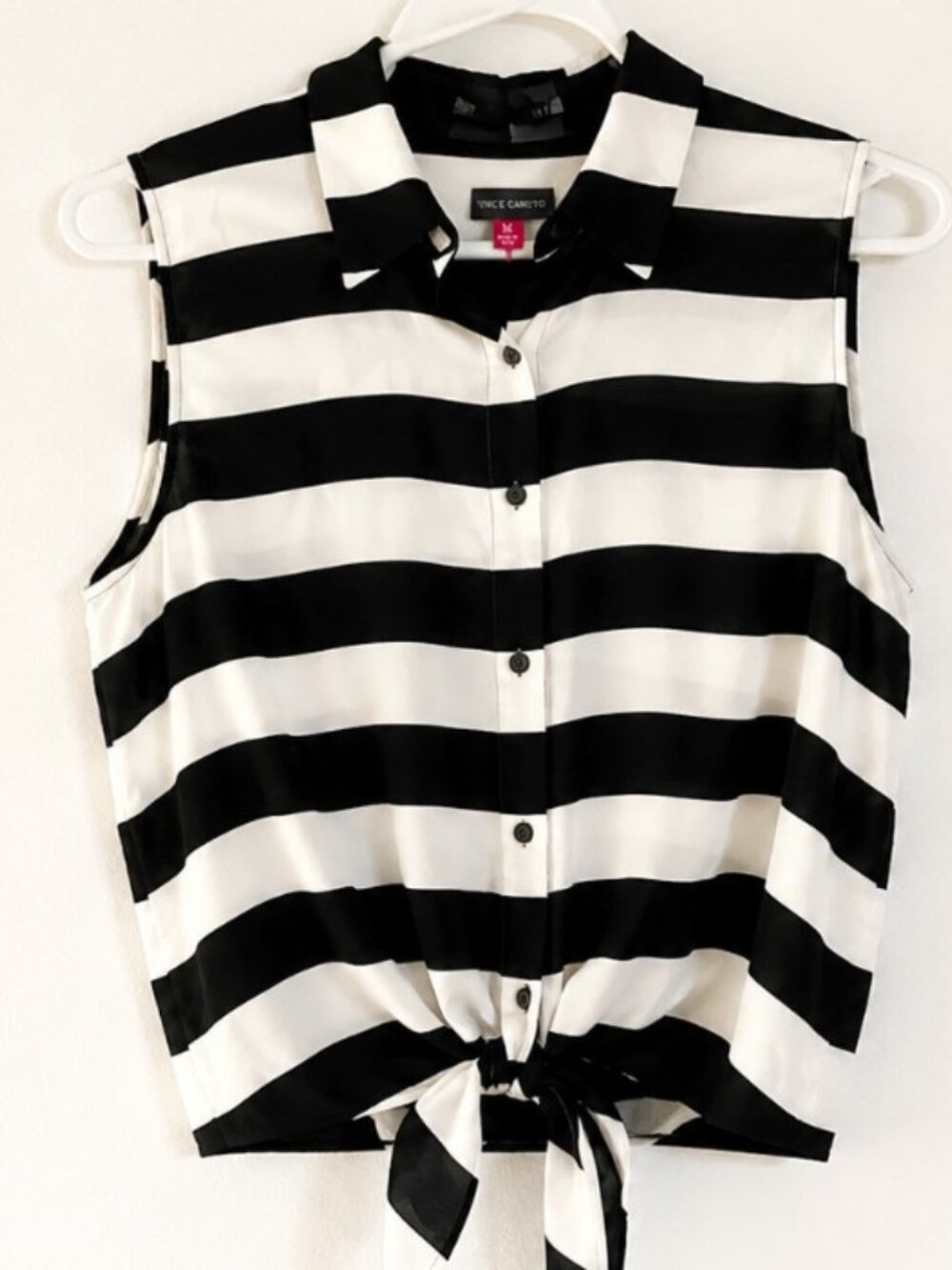 Vince Camuto Black White Striped Tie Front Sleeveless Blouse Size M